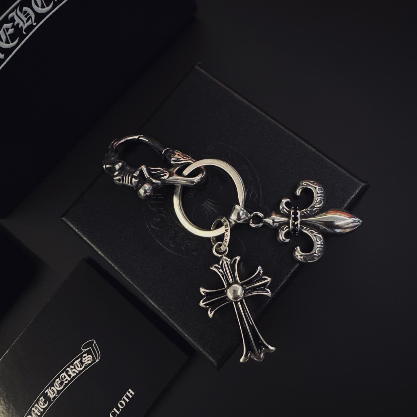 Chrome Hearts Silver Keychain with Cross and Fleur-de-lis Charms